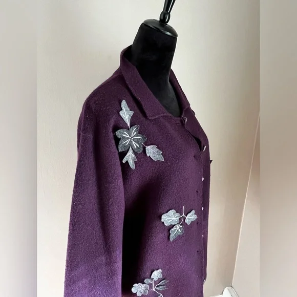 Vintage Coldwater Creek Purple Boiled Wool Appliqué leaves Jacket Coat sz PS - Picture 5 of 13